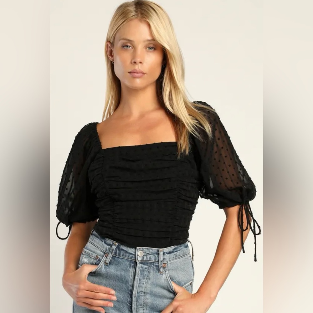 Lulu's Black Square Neck Puff Sleeve Bodysuit